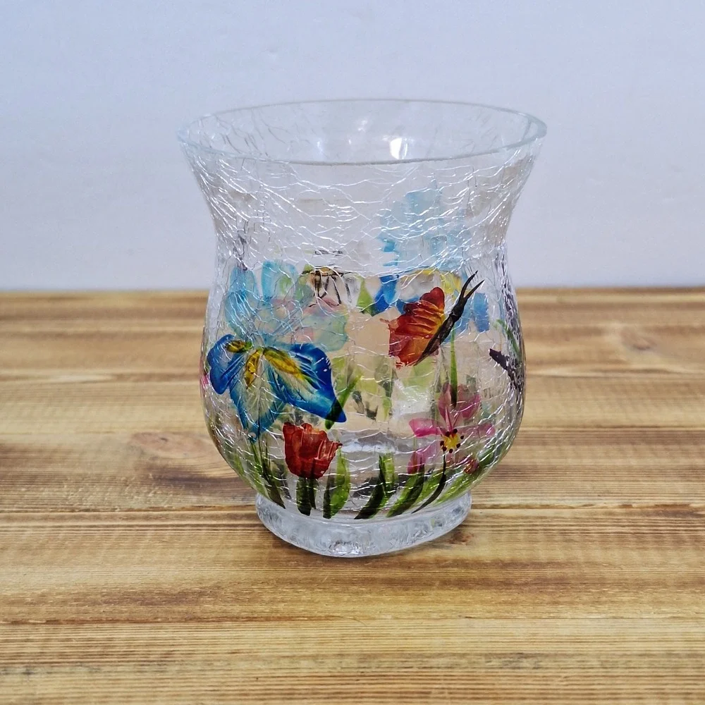 Crackle Glass Vase With Painted Flowers  3.5